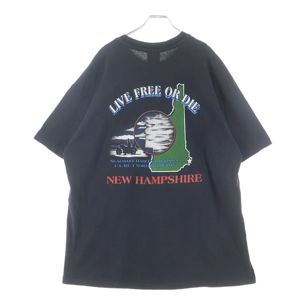 VINTAGE(ヴィンテージ) 90s HARLEY-DAVIDSON ブルーフレイム バーアンドシールド 両面プリント クルーネック 半袖Tシャツ ブラック