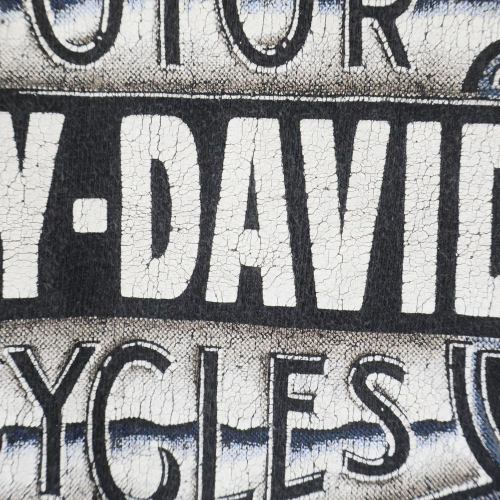 VINTAGE(ヴィンテージ) 90s HARLEY-DAVIDSON ブルーフレイム バーアンドシールド 両面プリント クルーネック 半袖Tシャツ ブラック