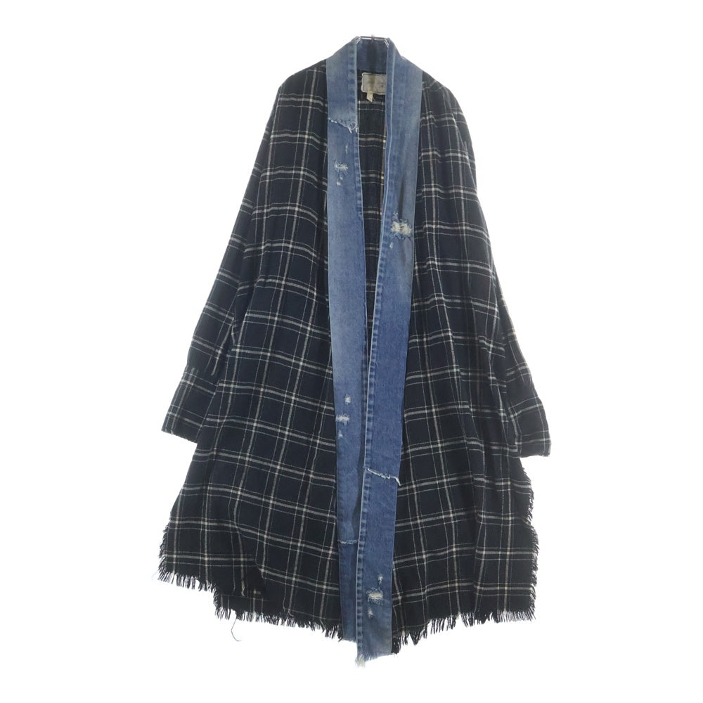 GREG LAUREN(グレッグローレン) BLACK PLAID LONG KIMONO ブラックプレイドロングキモノ チェックロングジャケットコート ブラック/インディゴ