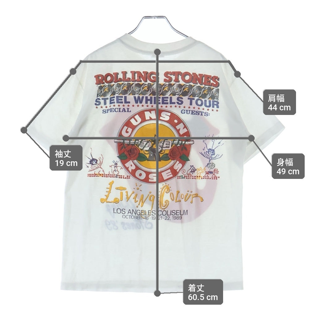 VINTAGE(ヴィンテージ) 80s ROLLING STONES 1989 STEEL WHEELS TOUR WITH GUNS N'ROSES LIVING COLOUR WHITE FITS ローリングストーンズ ガンズ 両面プリント クルーネック 半袖Tシャツ