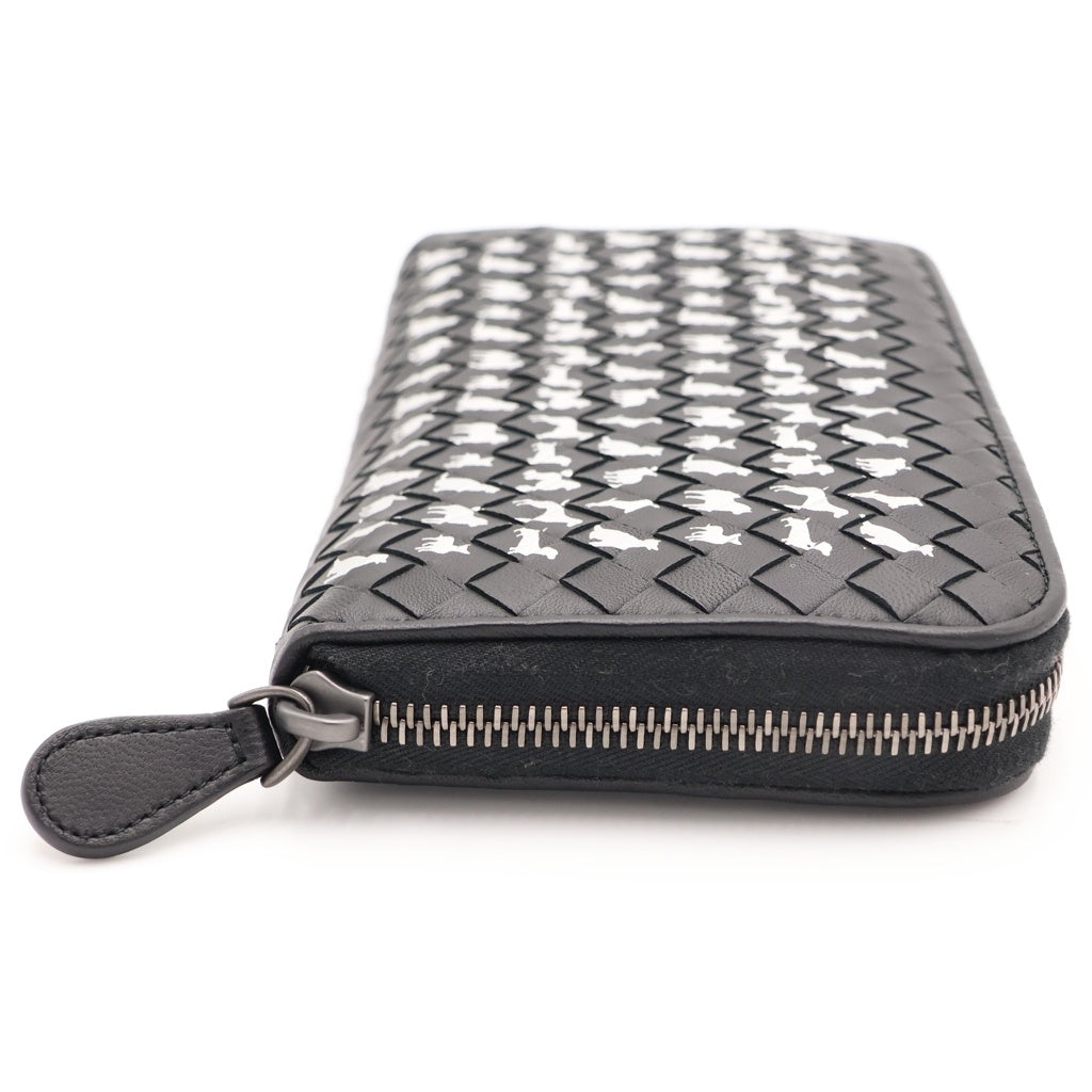 BOTTEGA VENETA(ボッテガヴェネタ) イントレチャート 犬総柄 ラウンドジップ レザーロングウォレット 長財布 ブラック