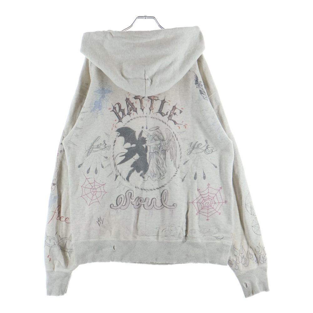 SAINT MICHAEL(セントマイケル) 21AW ×Dr.Woo HOODIE ドクターウー フーディ ペイントデザイン ヴィンテージ加工 プルオーバースウェットパーカー ベージュ SM-A21-0000-056