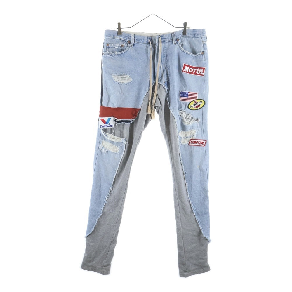 GREG LAUREN(グレッグローレン) 50/50 LONG SLIM PANT 再構築 デニム スウェットパンツ ジョガーパンツ インディゴ/グレー