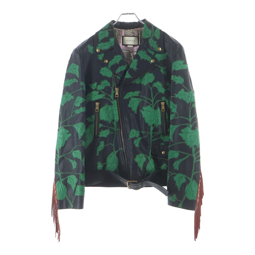 GUCCI(グッチ) リーフパッチ ストーン付き フリンジ ダブルライダースジャケット レザージャケット 463274 XG286 ブラック/グリーン