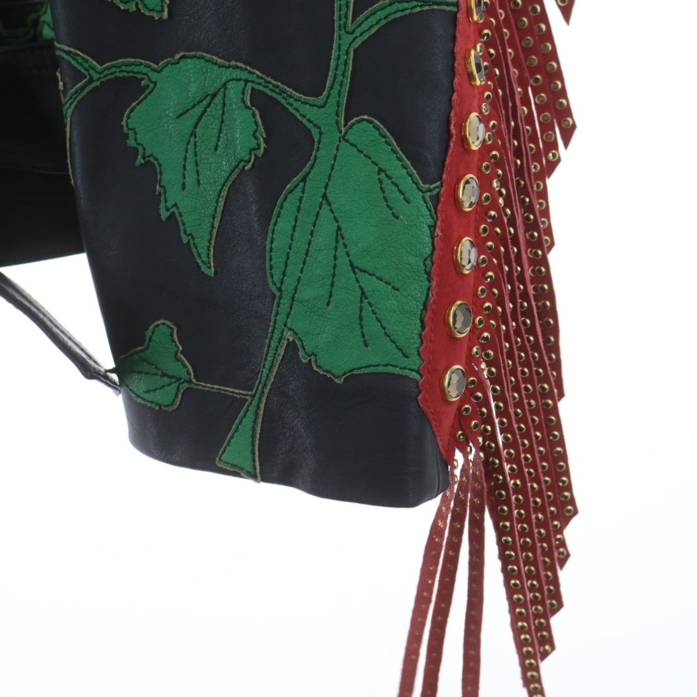 GUCCI(グッチ) リーフパッチ ストーン付き フリンジ ダブルライダースジャケット レザージャケット 463274 XG286 ブラック/グリーン