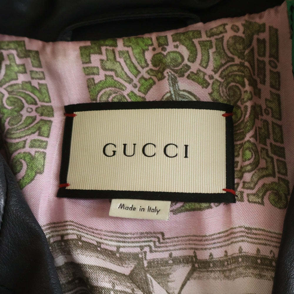GUCCI(グッチ) リーフパッチ ストーン付き フリンジ ダブルライダースジャケット レザージャケット 463274 XG286 ブラック/グリーン
