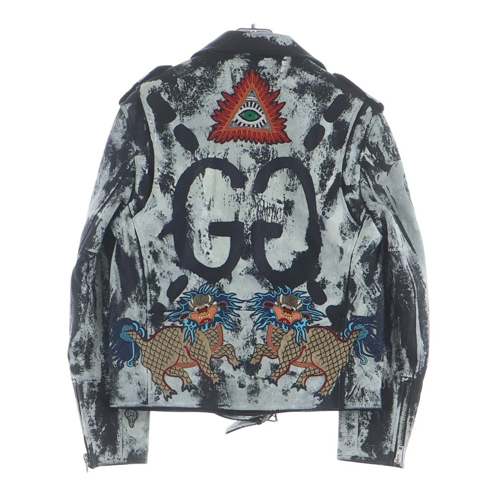 GUCCI(グッチ) Ghost Hand Painted Leather Jacket ゴースト ハンドプリント レザージャケット ペイント ダブルライダースジャケット 447623 XN605 ブラック/ホワイト