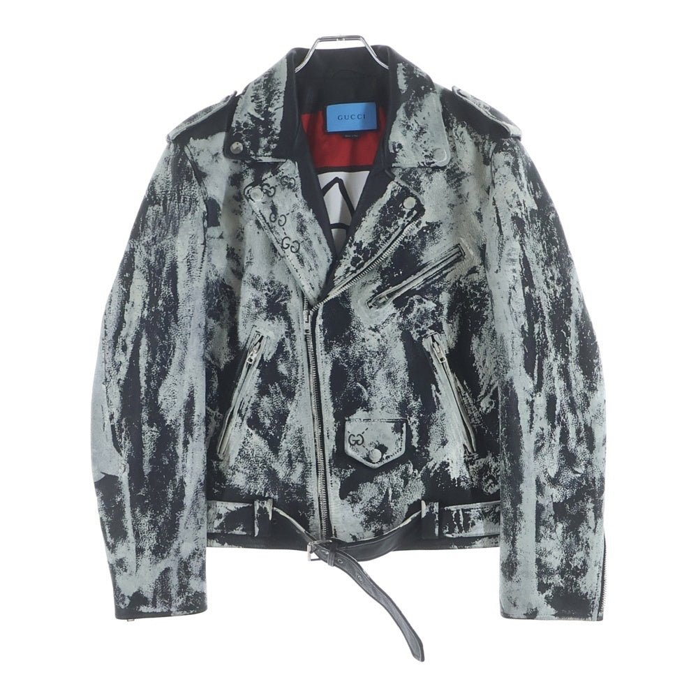 GUCCI(グッチ) Ghost Hand Painted Leather Jacket ゴースト ハンドプリント レザージャケット ペイント ダブルライダースジャケット 447623 XN605 ブラック/ホワイト