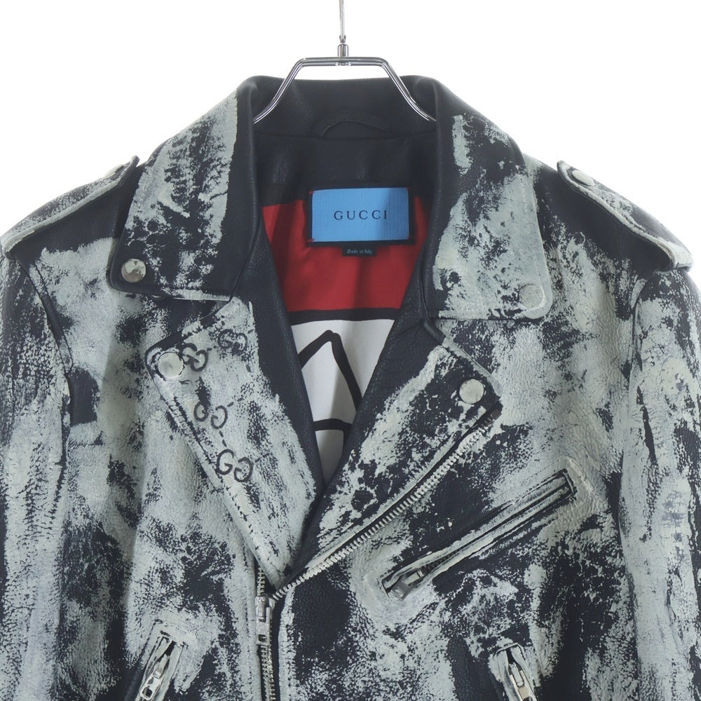 GUCCI(グッチ) Ghost Hand Painted Leather Jacket ゴースト ハンドプリント レザージャケット ペイント ダブルライダースジャケット 447623 XN605 ブラック/ホワイト