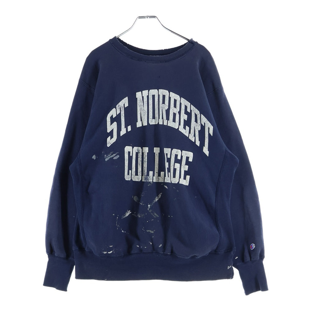 CHAMPION(チャンピオン) 90s REVEESE WEAVE リバースウィーブ カレッジロゴ 2段プリント ボロ 長袖クルーネック スウェット ネイビー
