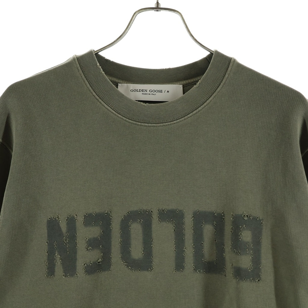 GOLDEN GOOSE DELUXE BRAND(ゴールデングースデラックスブランド) 22SS Embroidered Logo Striped Long Sleeve Shirt リバースロゴ 長袖 クルーネック スウェット トレーナー グリーン GMP00872