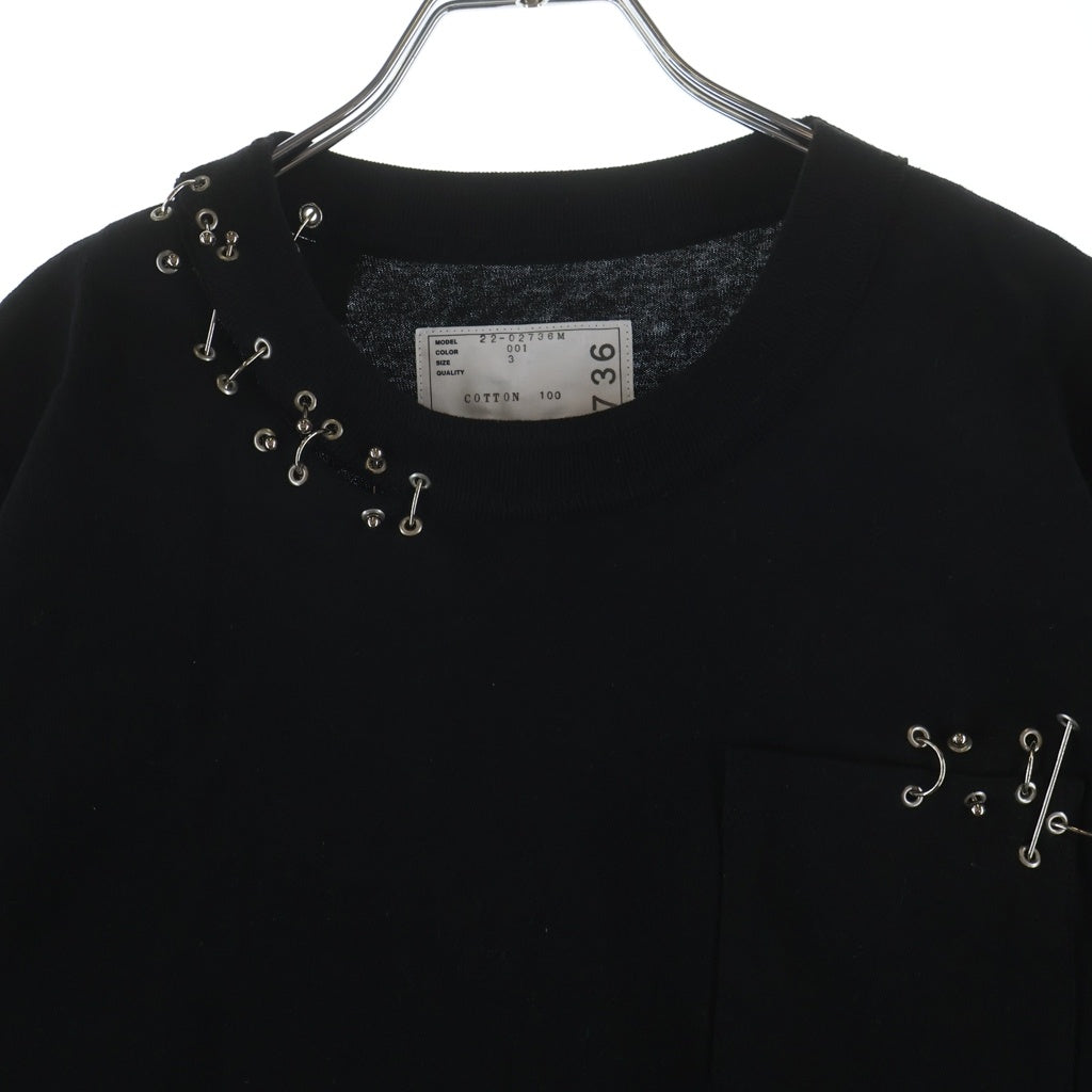 Sacai(サカイ) 22SS ピアス 胸ポケット 半袖 クルーネック Tシャツ ブラック 22-02736M