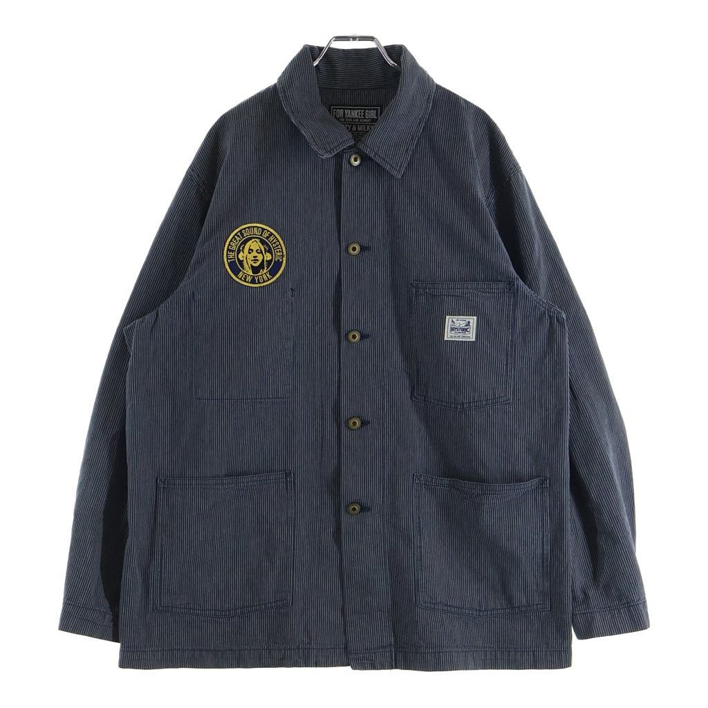 HYSTERIC GLAMOUR(ヒステリックグラマー) HYSTERIC ECHO DREAM刺繍 カバーオールジャケット ストライプ インディゴ 02261AB06