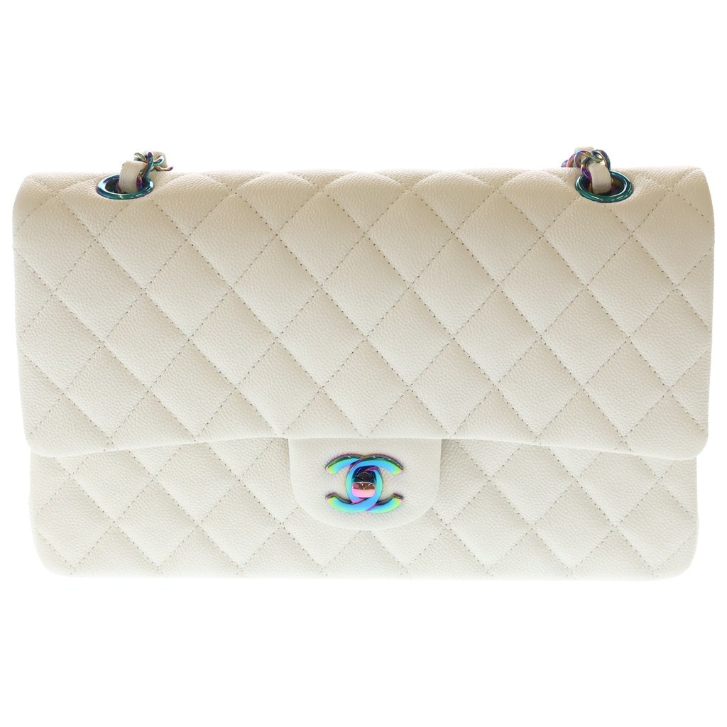 CHANEL(シャネル) マトラッセ25 キャビアスキン ダブルフラップ ダブルチェーンバッグ ホワイト レインボー金具 A01112 レディース