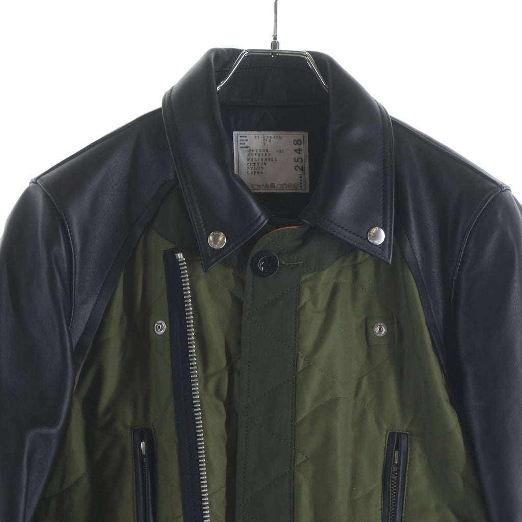 Sacai(サカイ) 21AW キルティング レザー ドッキングジャケット ジップアップブルゾン カーキ/ブラック 21-02548M