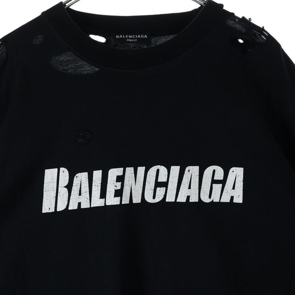BALENCIAGA(バレンシアガ) DESTOROYED LOGO OVERSIZED T-SHIRT 半袖 クルーネック Tシャツ ブラック 651795