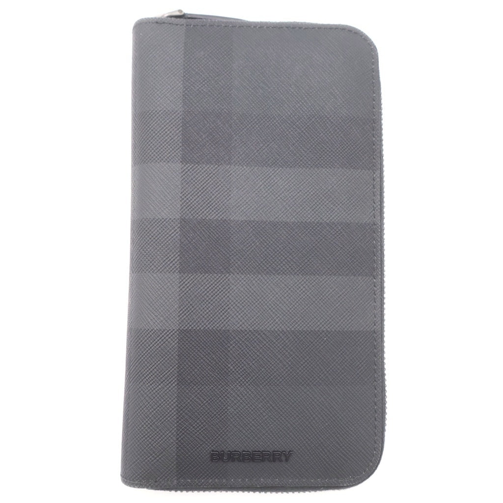 BURBERRY(バーバリー) チェック柄 ロゴ入り ラウンドジップ ウォレット 長財布 グレー 8070254