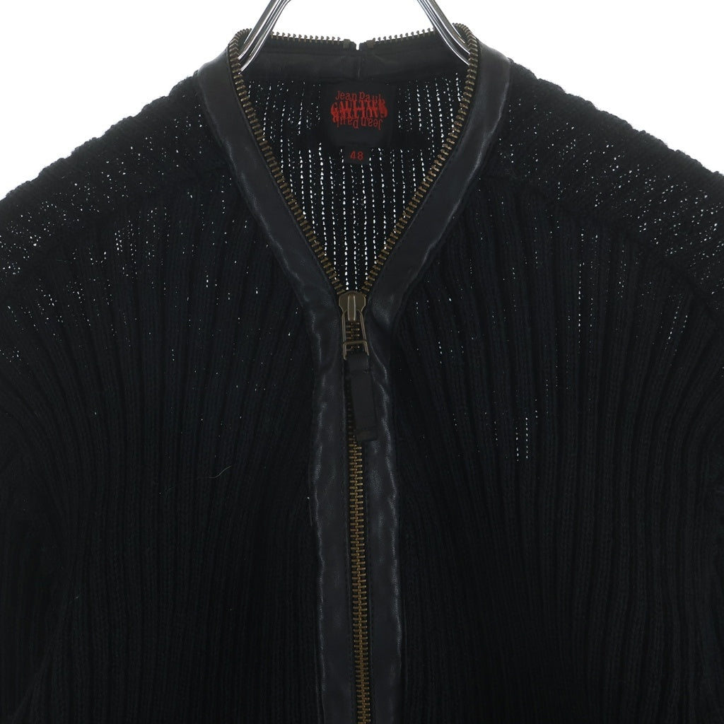 Jean Paul GAULTIER(ジャンポールゴルチエ) レザー切り替え ジップアップ ウール カーディガン 長袖 ブラック