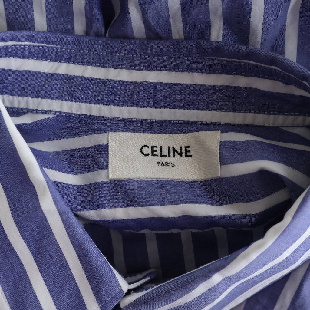 CELINE(セリーヌ) トリオンフ刺繍 ストライプ コットン 長袖シャツ ホワイト/ブルー 2C9830C92.CBE6