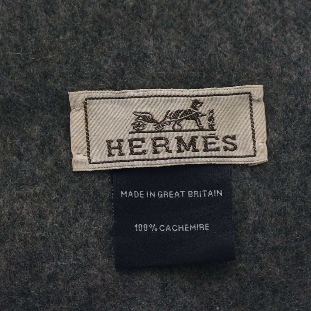 HERMES(エルメス) ロゴ刺繍 カシミヤ フリンジ マフラー グレー