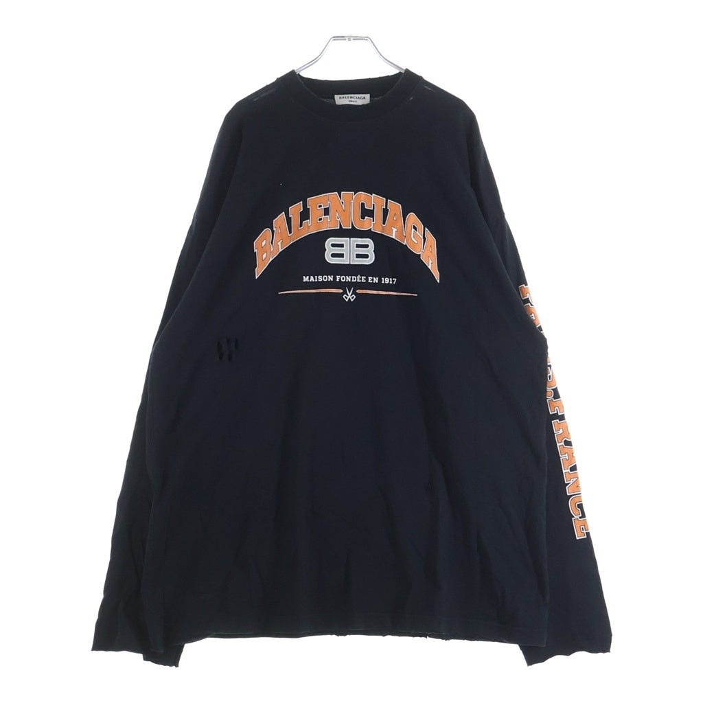 BALENCIAGA(バレンシアガ) 22SS MAISON アーチロゴ ダメージ加工 長袖 クルーネック カットソー ブラック 681046 TLVJ1