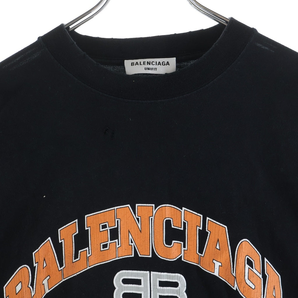 BALENCIAGA(バレンシアガ) 22SS MAISON アーチロゴ ダメージ加工 長袖 クルーネック カットソー ブラック 681046 TLVJ1