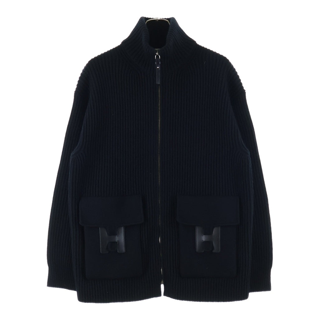 HERMES(エルメス) 22AW Hロゴパッチ ポケット ジップアップ ウール ドライバーズ ニット ジャケット ブラック 2H2204DA