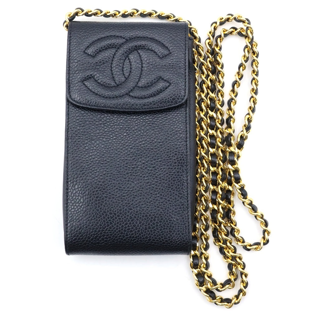 CHANEL(シャネル) キャビアスキン チェーンショルダー フラップスマホケース 携帯ホルダー ブラック レディース