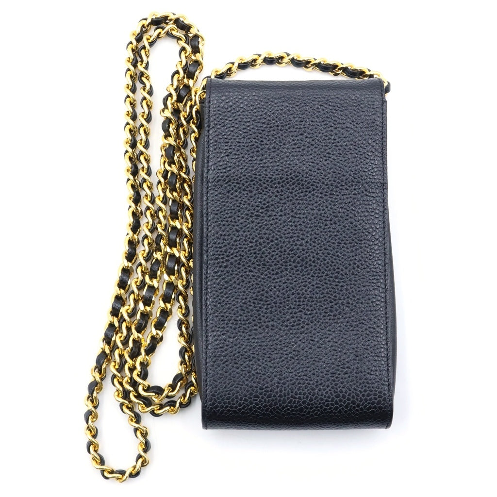 CHANEL(シャネル) キャビアスキン チェーンショルダー フラップスマホケース 携帯ホルダー ブラック レディース