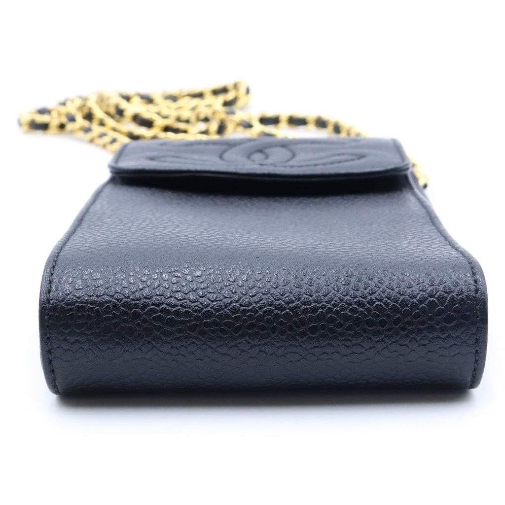 CHANEL(シャネル) キャビアスキン チェーンショルダー フラップスマホケース 携帯ホルダー ブラック レディース