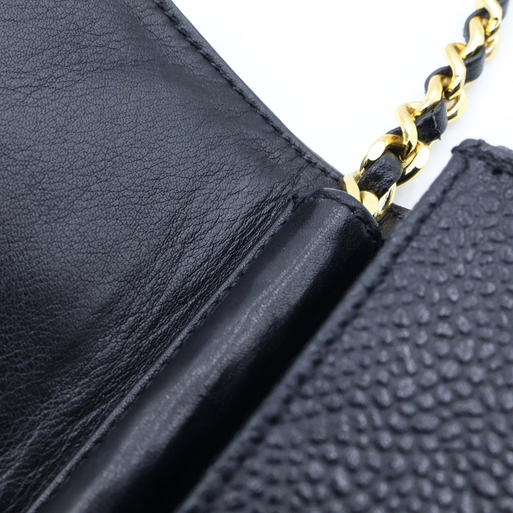 CHANEL(シャネル) キャビアスキン チェーンショルダー フラップスマホケース 携帯ホルダー ブラック レディース