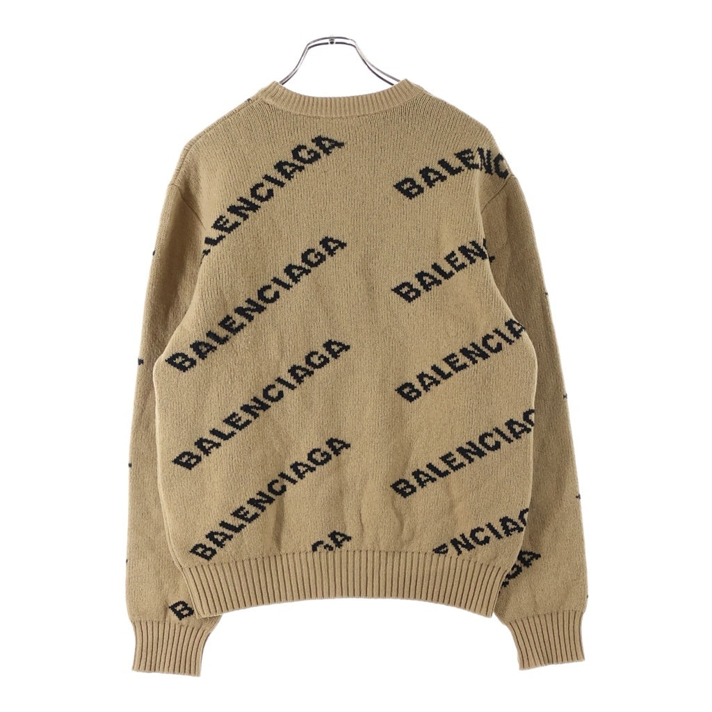 BALENCIAGA(バレンシアガ) ロゴ総柄 ウール混 クルーネック 長袖ニット セーター ブラウン 648433 T1567