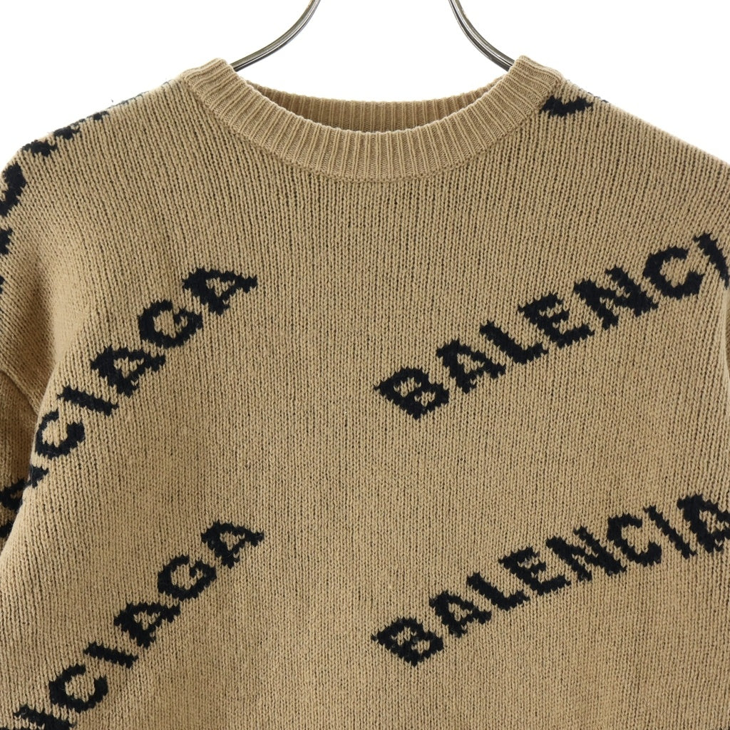 BALENCIAGA(バレンシアガ) ロゴ総柄 ウール混 クルーネック 長袖ニット セーター ブラウン 648433 T1567