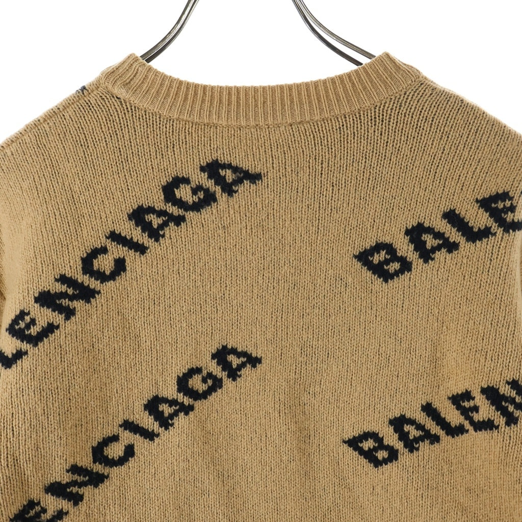 BALENCIAGA(バレンシアガ) ロゴ総柄 ウール混 クルーネック 長袖ニット セーター ブラウン 648433 T1567