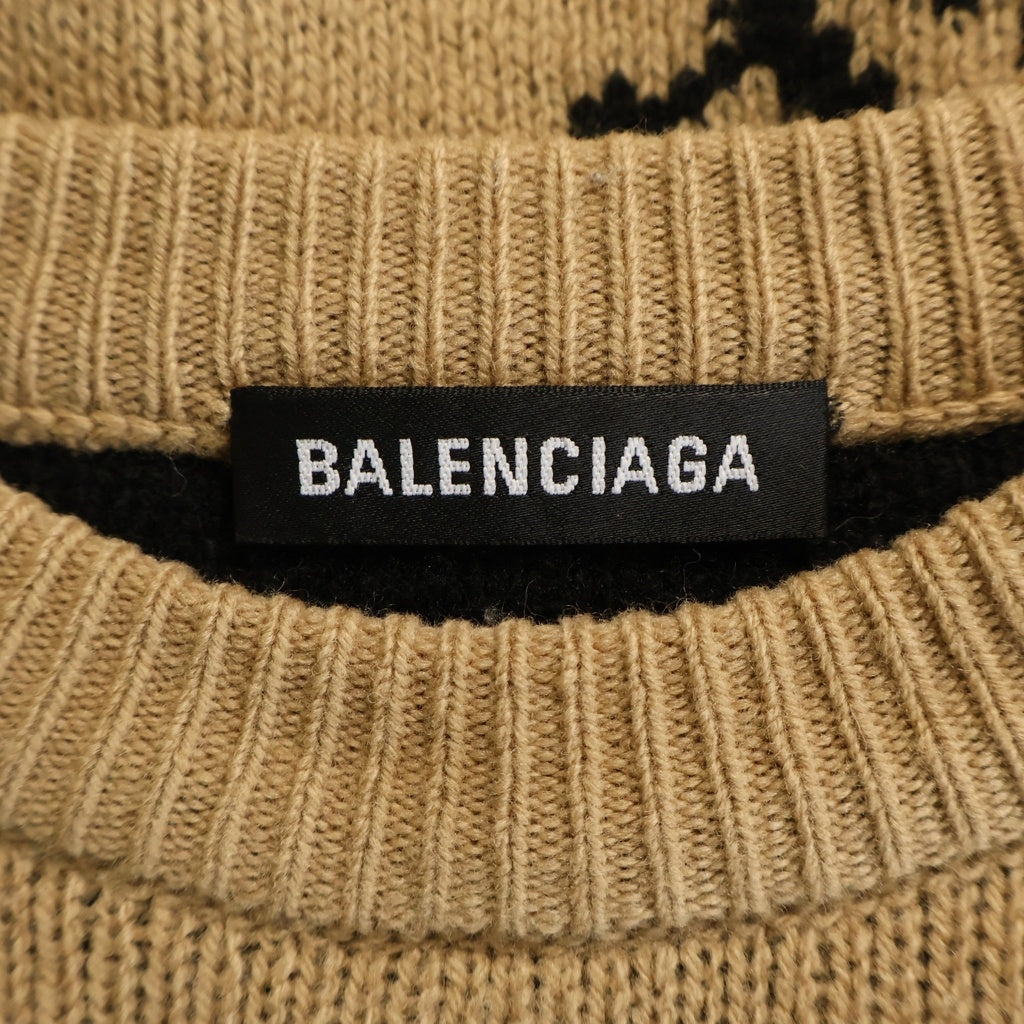 BALENCIAGA(バレンシアガ) ロゴ総柄 ウール混 クルーネック 長袖ニット セーター ブラウン 648433 T1567