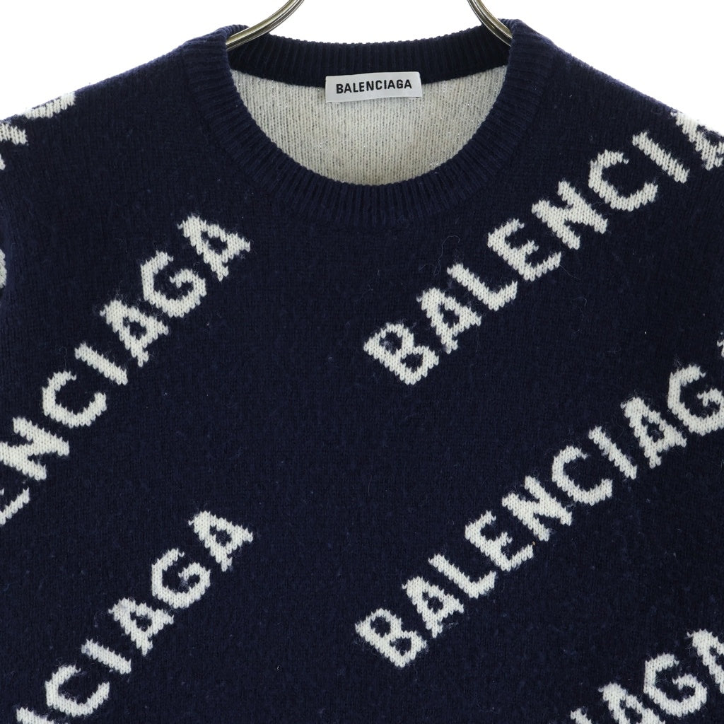 BALENCIAGA(バレンシアガ) ロゴ総柄 ウール混 クルーネック 長袖ニット セーター ネイビー 623283 T1567