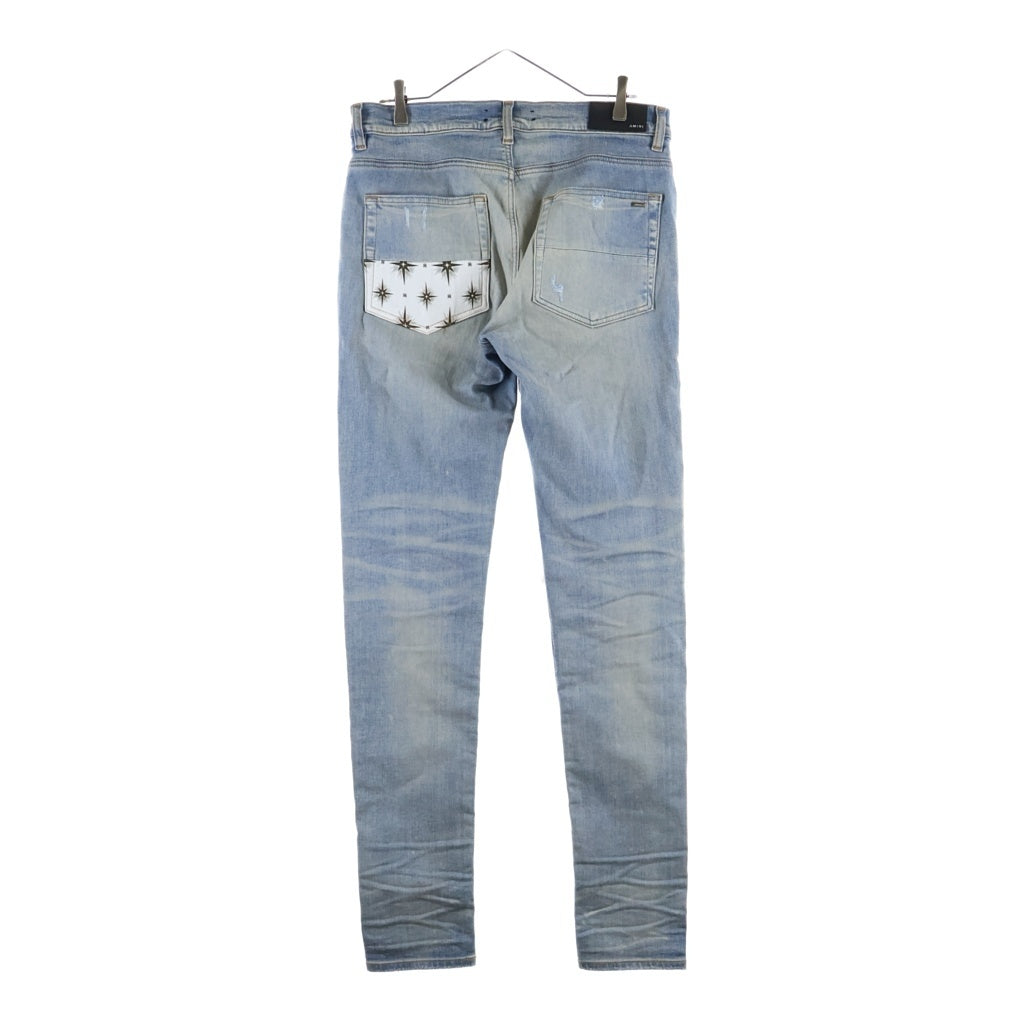 AMIRI(アミリ) ロゴレザーパッチ ダメージ加工 スキニー デニムパンツ ライトブルー J035 J102
