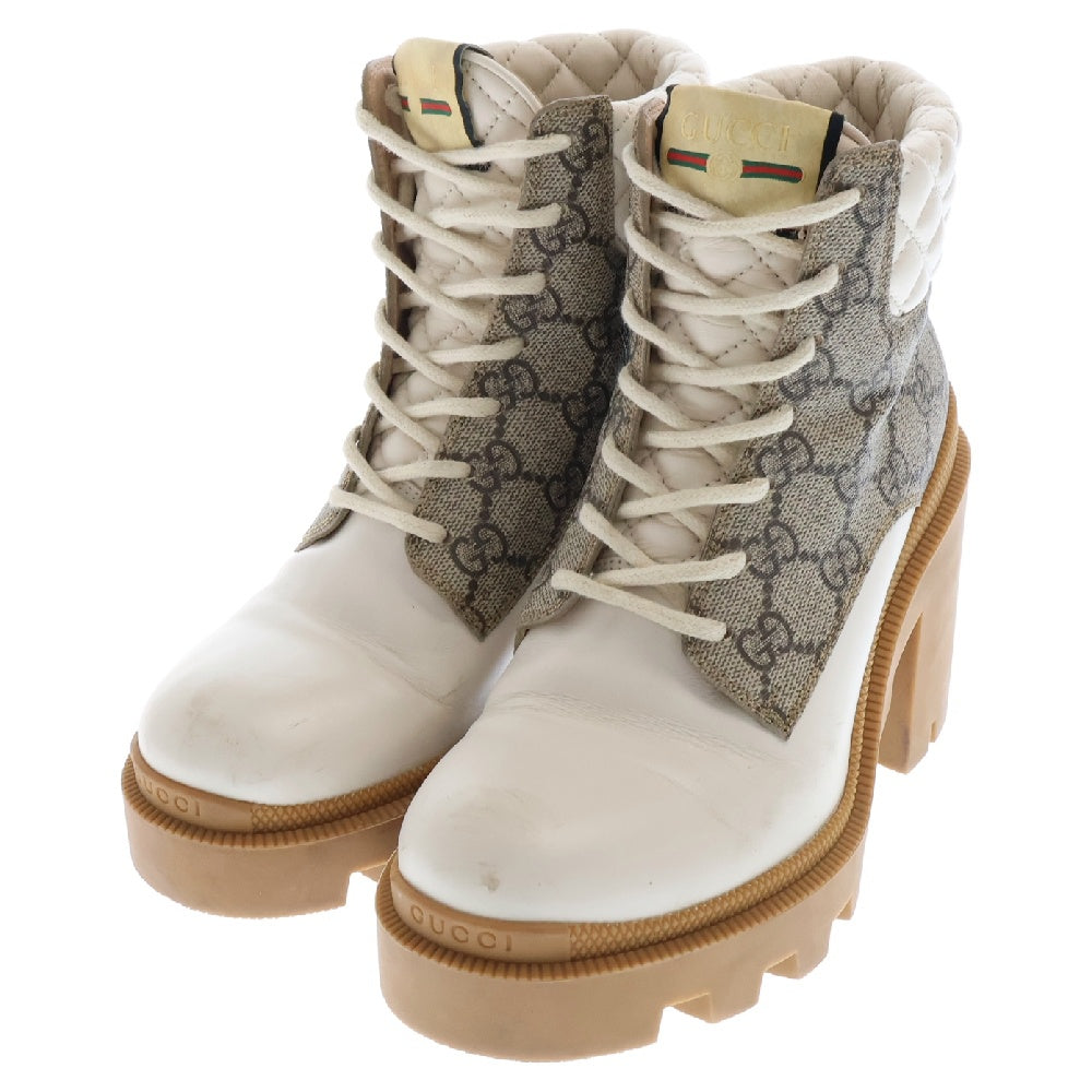 GUCCI(グッチ) GGスプリーム アンクルブーツ レザー×PVC ホワイト×ベージュ 659691 ハイヒールブーツ 靴