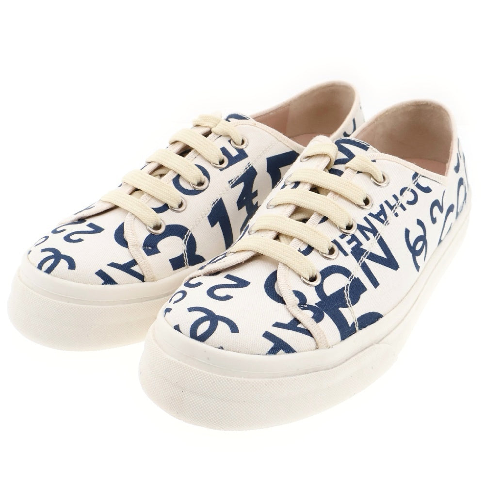 CHANEL(シャネル) ロゴ スニーカー#37 ホワイト×ネイビー バイカラー キャンバス ローカット 靴 シューズ