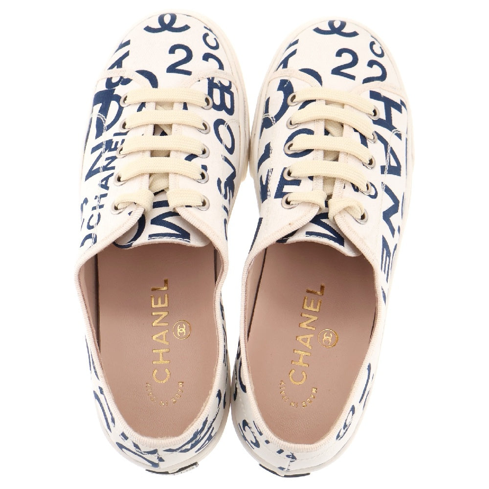 CHANEL(シャネル) ロゴ スニーカー#37 ホワイト×ネイビー バイカラー キャンバス ローカット 靴 シューズ