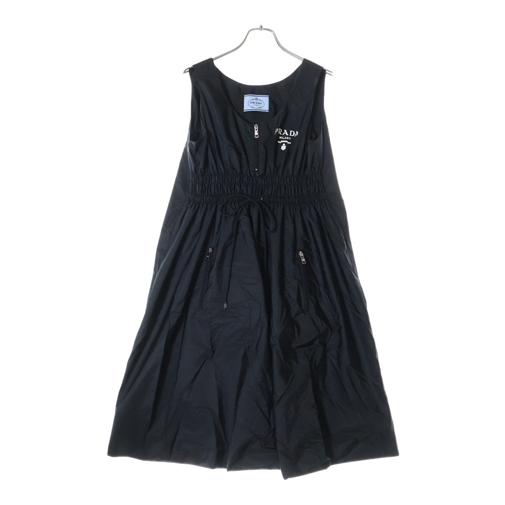 PRADA(プラダ) 23SS Re-Nylon リナイロン ワッペンロゴ ギャザー ドローストリング ジップデザイン ミディアムワンピース ブラック レディース 230698 S231 1WQ9