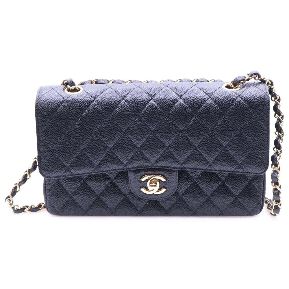 CHANEL(シャネル) マトラッセ25 ダブルフラップ ダブルチェーン ショルダーバッグ キャビアスキン ゴールド金具 ブラック プレートタイプ