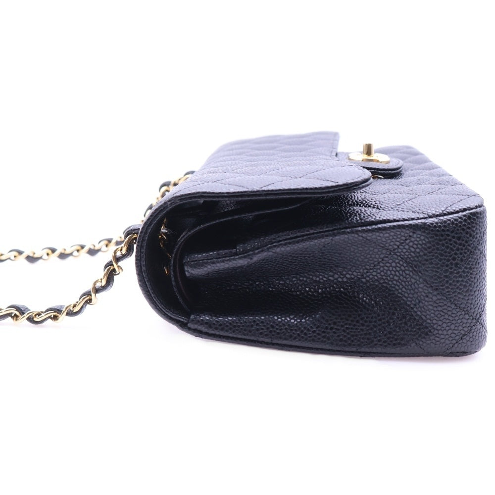 CHANEL(シャネル) マトラッセ25 ダブルフラップ ダブルチェーン ショルダーバッグ キャビアスキン ゴールド金具 ブラック プレートタイプ