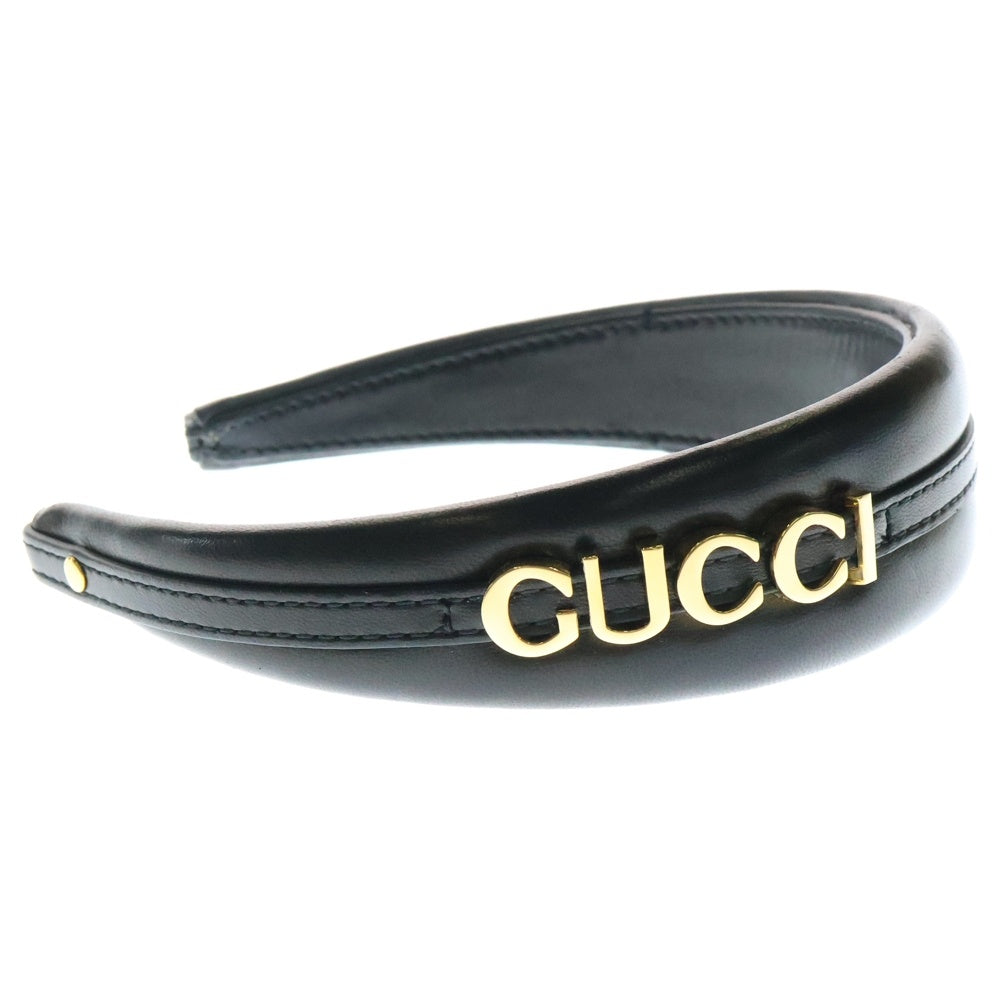 GUCCI(グッチ) ロゴプレート レザー カチューシャ ヘアバンド ブラック/ゴールド レディース 769249