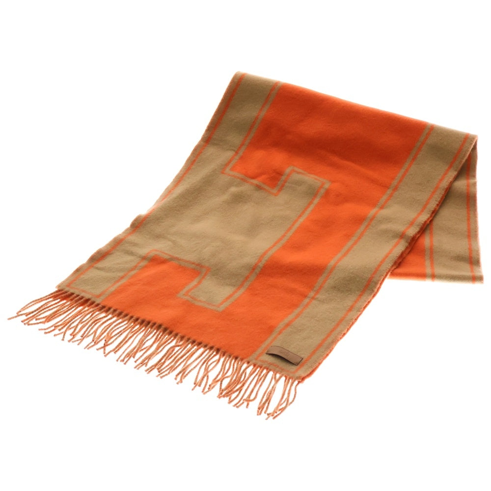 HERMES(エルメス) クレ・ドゥ・H ロゴ カシミヤ レザーロゴパッチ フリンジマフラー ブラウン/オレンジ