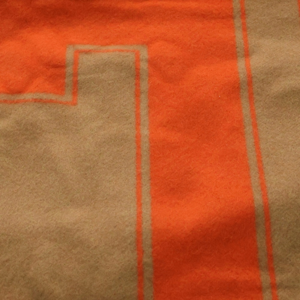 HERMES(エルメス) クレ・ドゥ・H ロゴ カシミヤ レザーロゴパッチ フリンジマフラー ブラウン/オレンジ