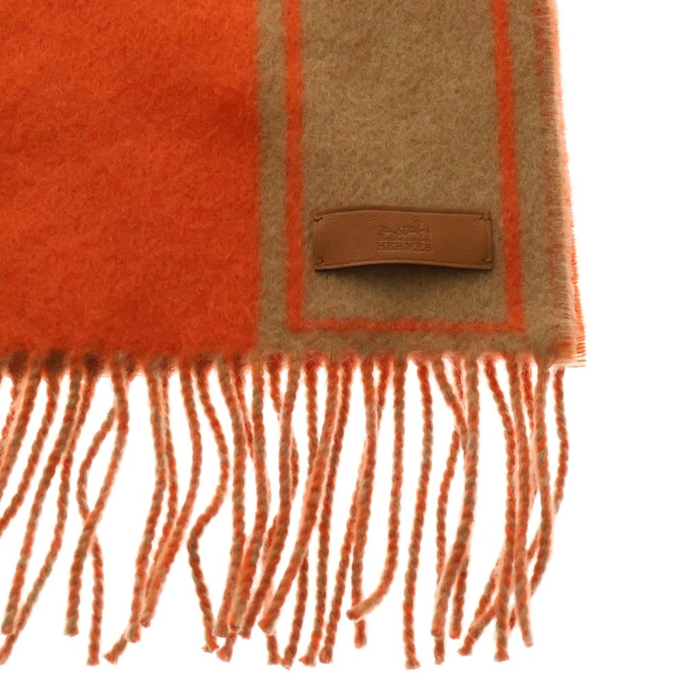 HERMES(エルメス) クレ・ドゥ・H ロゴ カシミヤ レザーロゴパッチ フリンジマフラー ブラウン/オレンジ