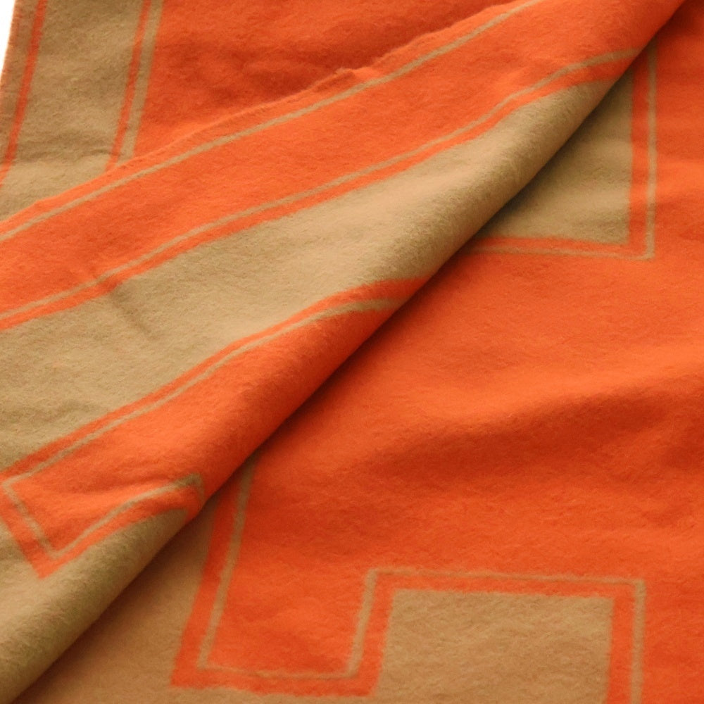 HERMES(エルメス) クレ・ドゥ・H ロゴ カシミヤ レザーロゴパッチ フリンジマフラー ブラウン/オレンジ