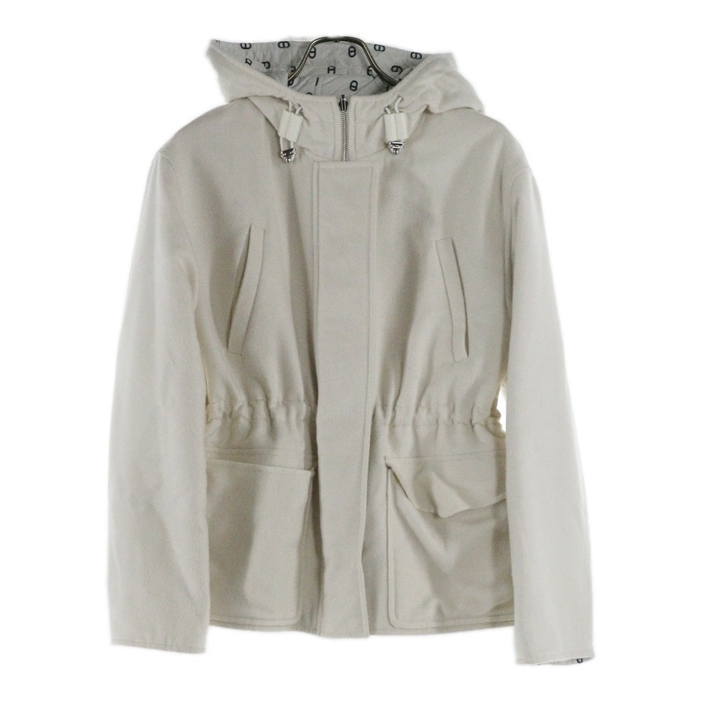 HERMES(エルメス) カシミヤ リバーシブル シェーヌダンクル 総柄プリント フーデッド ジップアップ キルティング 中綿ジャケット ホワイト/ベージュ レディース 3E0123DA