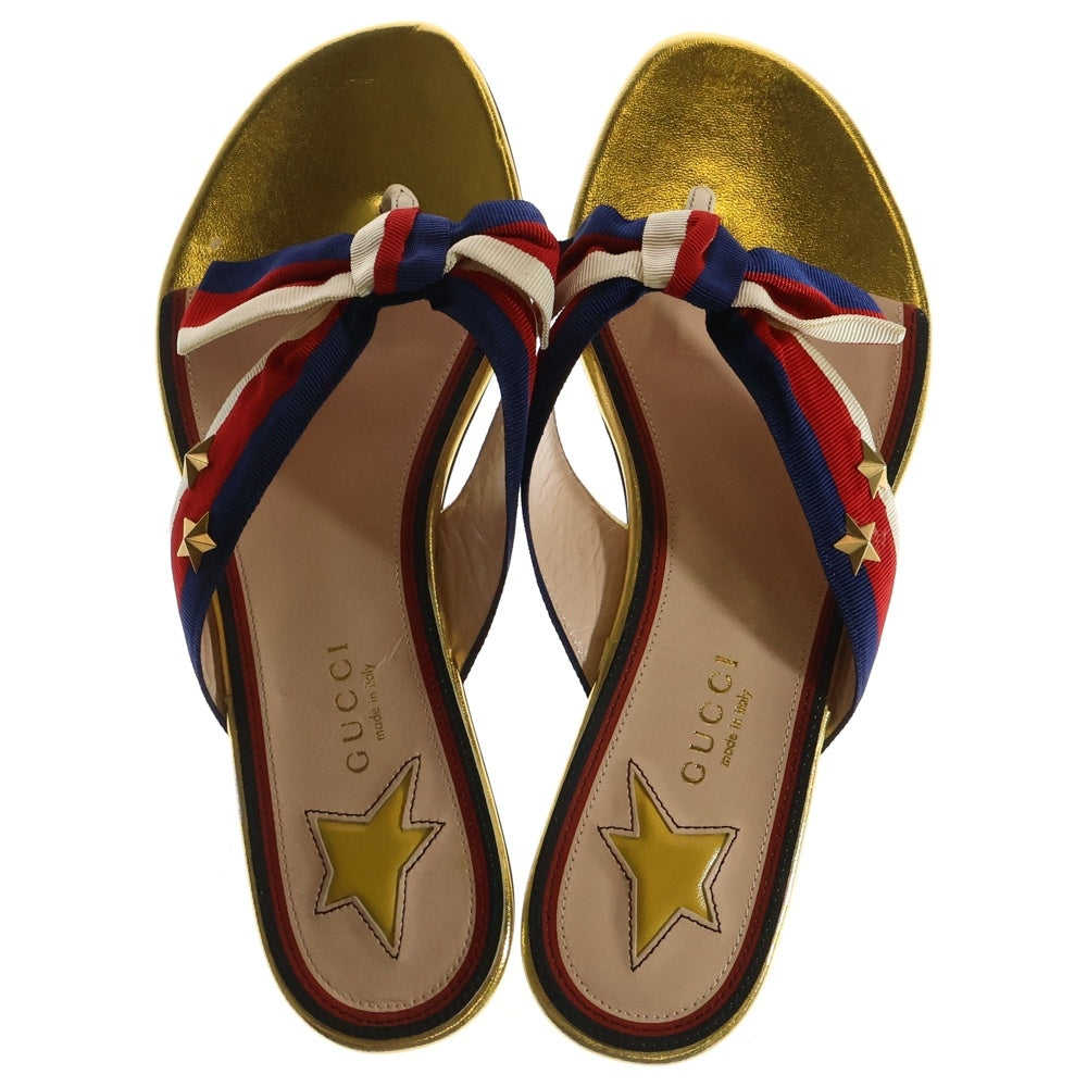 GUCCI(グッチ) ウェブライン トリコロール リボン レザー スター スタッズ フラットサンダル ゴールド/レッド レディース